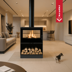 Braskamin KARI 80W Tunnel är en effektiv, miljövänlig och modern kamin med vedfack som imponerar med sin funktionalitet, design