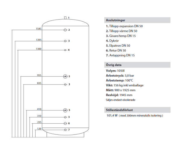 Rund oisolerad ackumulatortank-ST finns i följande volymer 500L, 750L,1000L, 1300L, 1500L, 1800L, 2500L och 3000L.