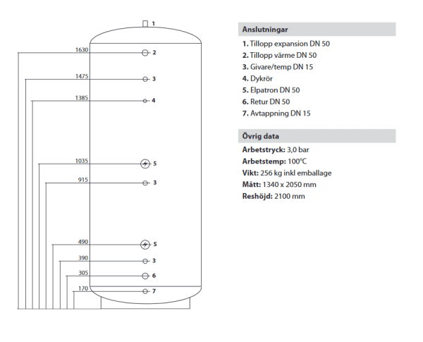 Rund oisolerad ackumulatortank-ST finns i följande volymer 500L, 750L,1000L, 1300L, 1500L, 1800L, 2500L och 3000L.